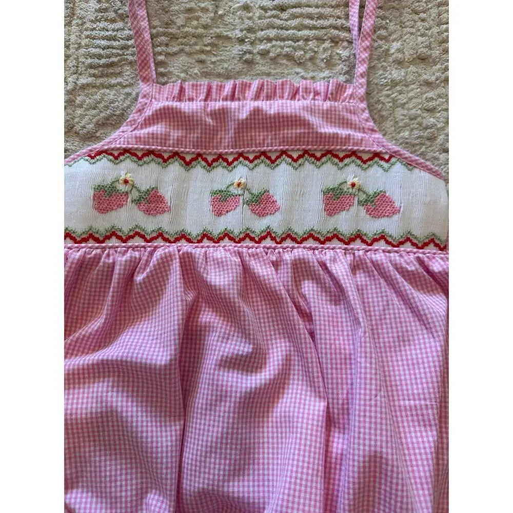 Stitchy Fish Baby Girl Pink Gingham Smocked Strawberry Bubble Romper Size 9M